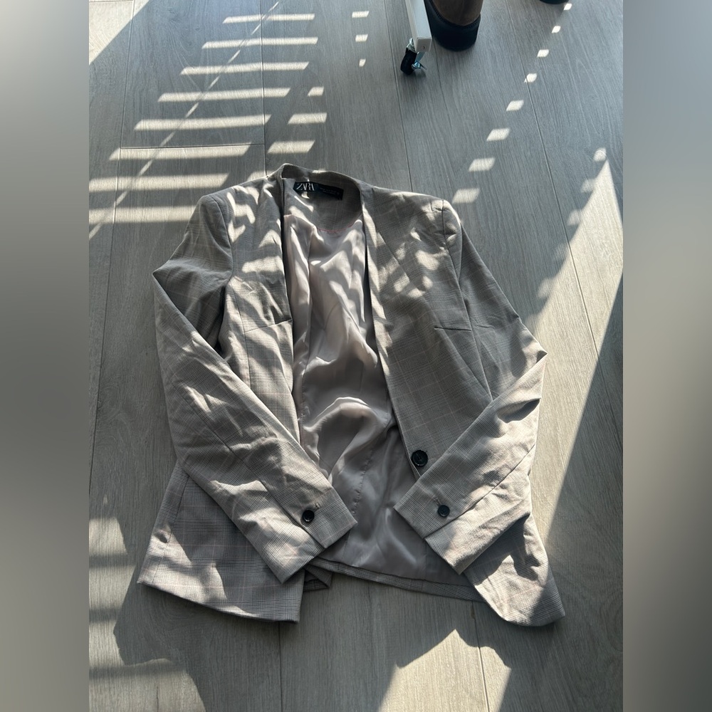 Zara Basic Brown Blazer pink beige pinstripe work - image 9